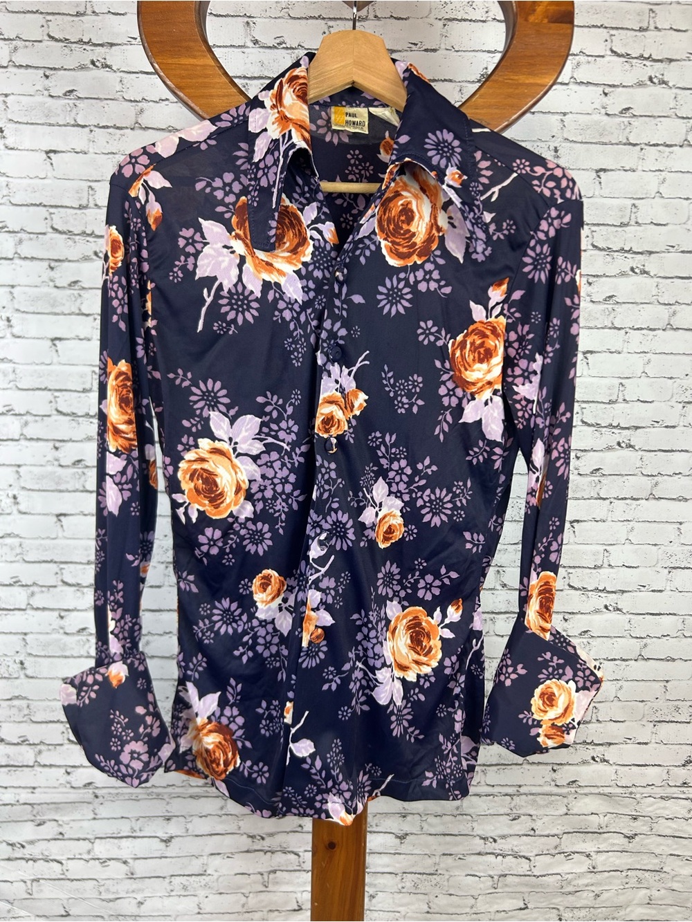 Vintage purple Floral Button-Up Shirt with Orange Rose Print 70s